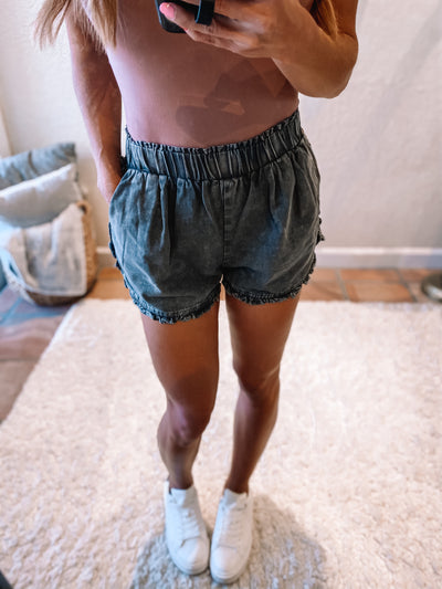 grey ruffle trim shorts